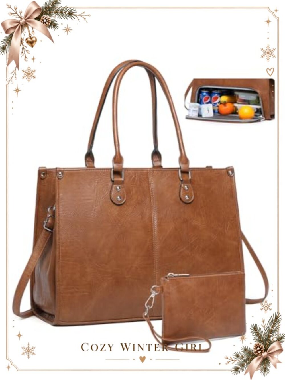 PU Leather Laptop Tote Bag with Insulated Lunch Compartment 15.6 Inch Computer